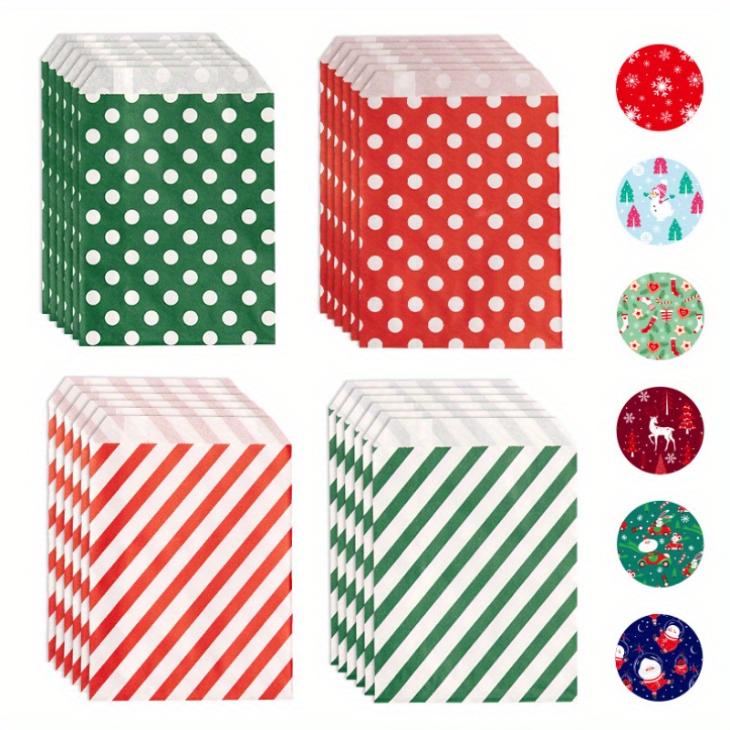 

48pcs Christmas Kraft Paper Gift Bags With Red & And Stripes - Candy, Cookies, Party Favors & Small Business Packaging