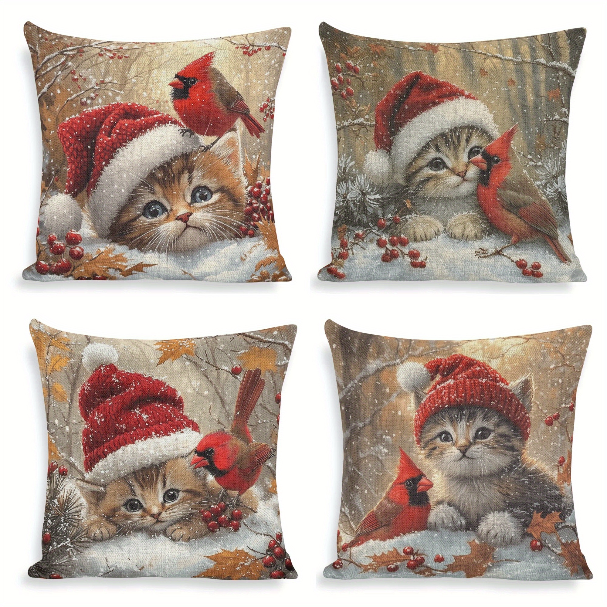 

4-pack Cat & Christmas Tree Throw Pillow Covers 18x18 Inches, Hand-washable Zippered Cushion Cases, Polyester, Woven, Charming Home Decor For Sofa, Chair, Bed, Living Room, Office - Contemporary Style