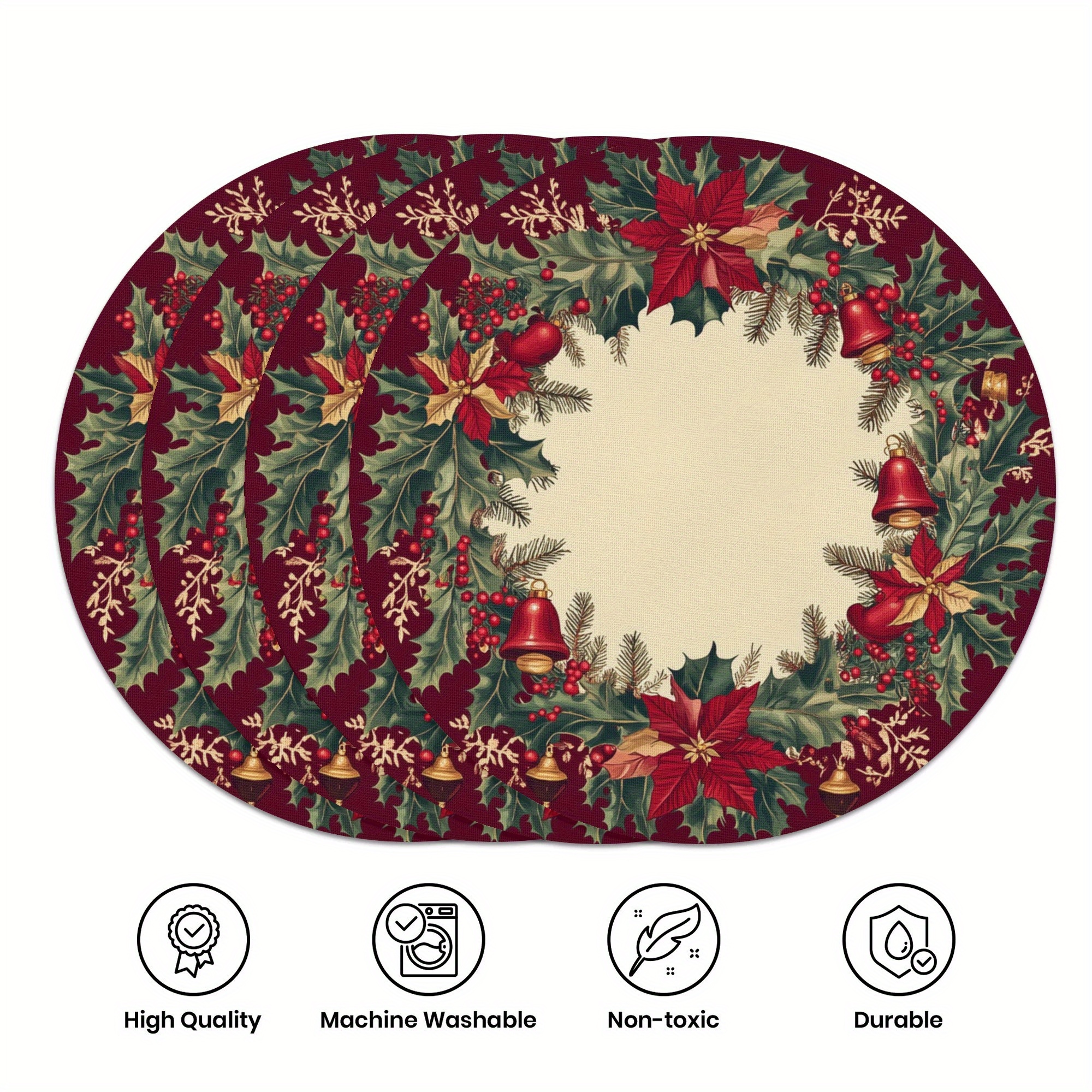 

4pc Christmas Table Mats Set, 15 Inches Round, Polyester, Hand Wash Only, Woven, Indoor & Outdoor Decor, Festive Holiday Placemats For Kitchen & Restaurant, Seasonal Winter Table Decor