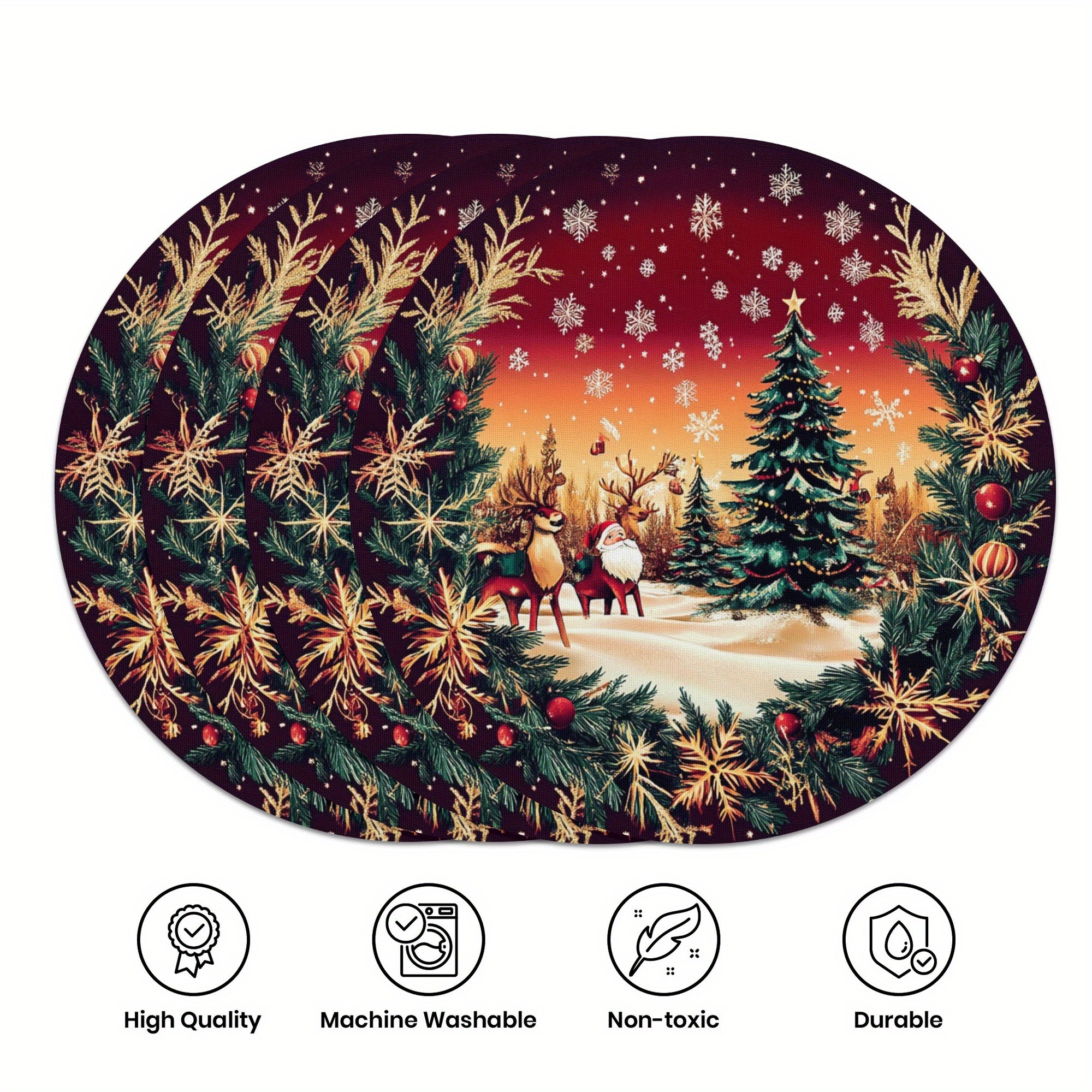 

4-pack Christmas Round Table Mats, 15" Woven Polyester Place Mats, Hand Wash Only, Seasonal Winter Decor For Indoor And Outdoor Use, Ideal For Kitchen And Restaurant Decoration