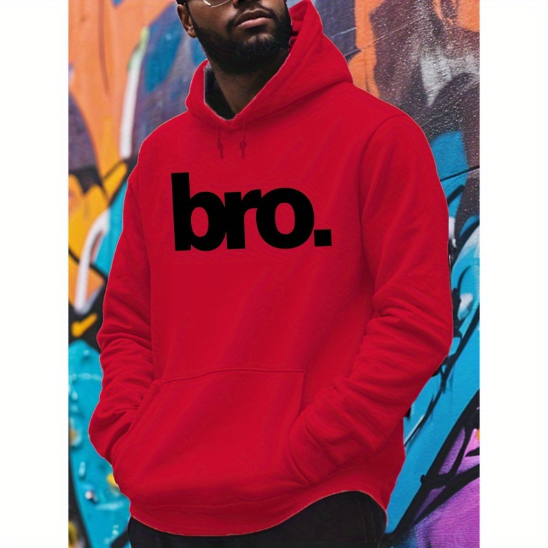 

Casual Polyester Hoodies For Men - Long Sleeve Knit Fabric Sweatshirt With Hood, Regular Fit Bro Print Pullover For Fall/winter