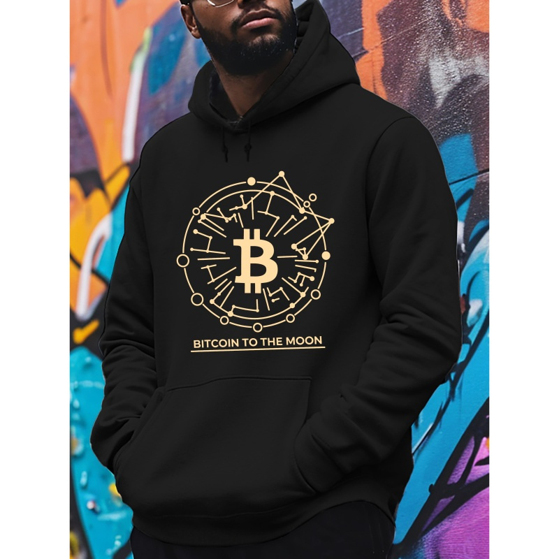 

Men's Bitcoin To The Moon Hoodie, Polyester, Casual Long Sleeve Pullover, Regular Fit, Trendy Printed Top, Youth Autumn & Winter Fashion, Unisex Crew Neck Sweatshirt