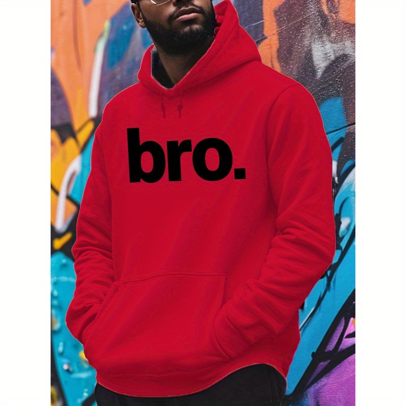 

Casual Polyester Hoodie With "bro." Print - Hooded Long Sleeve Knit Fabric Sweatshirt For Men - Slight Stretch, Regular Fit Casual Wear For Fall/winter