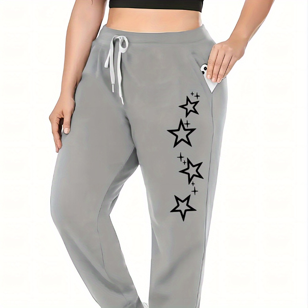 

Plus Size Sweatpants For Women With Star Print - Polyester 100%, All Season Comfort, Slight Stretch, Knit Fabric, Elastic Waist With Drawstring, Machine Washable - Casual And Sporty Lounge Pants