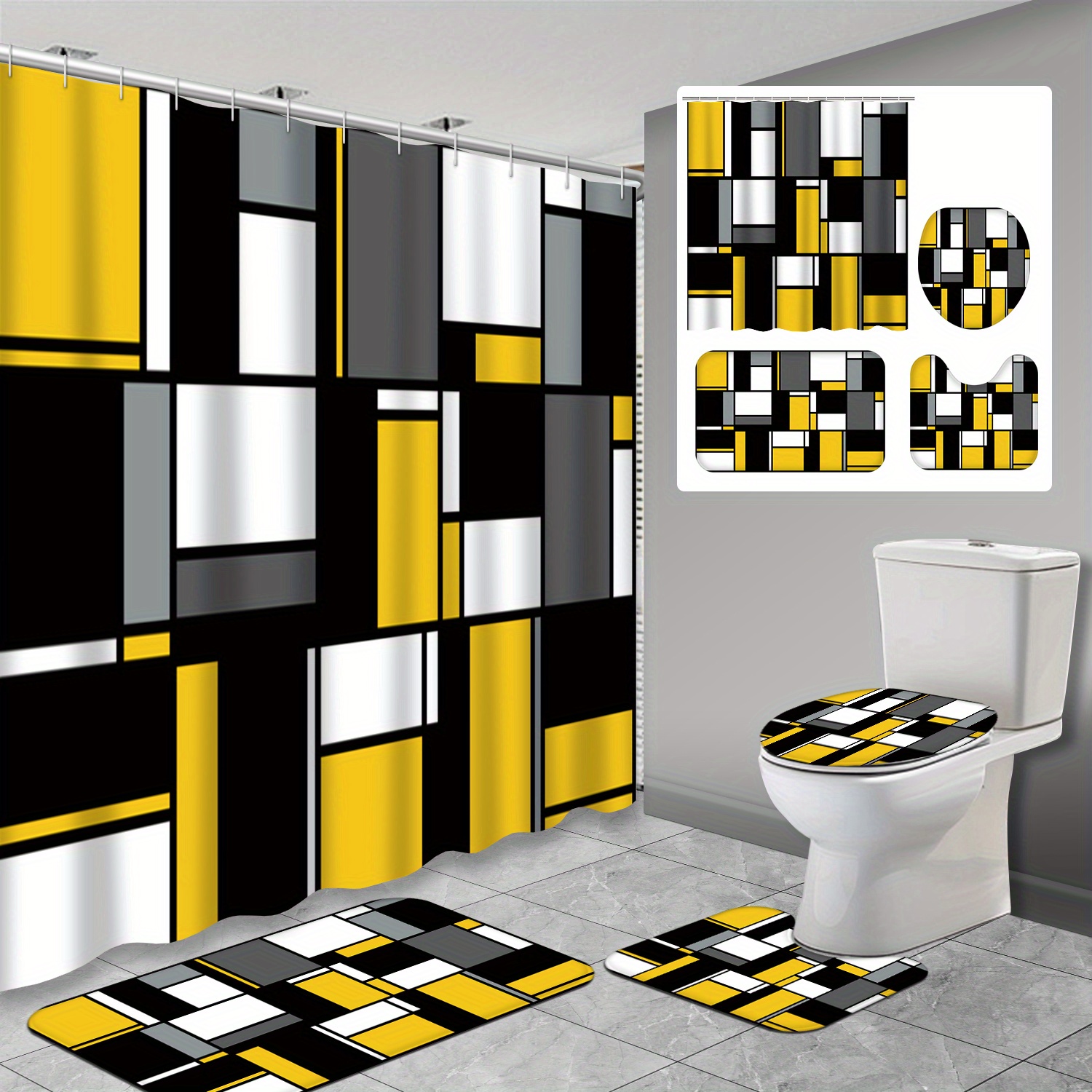 

4pcs Yellow Bathroom Decor Black And Gray With Bold Abstract Modern Waterproof Shower Curtain With 12 Hooks, Non-slip Rug, Toilet Mat& Lid Cover