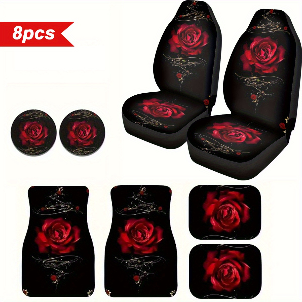 

8pcs Print Car Interior Set - Fit Seat Covers, Floor Mats & Coasters For Cars, Suvs, Trucks - Polyester Interior Decor