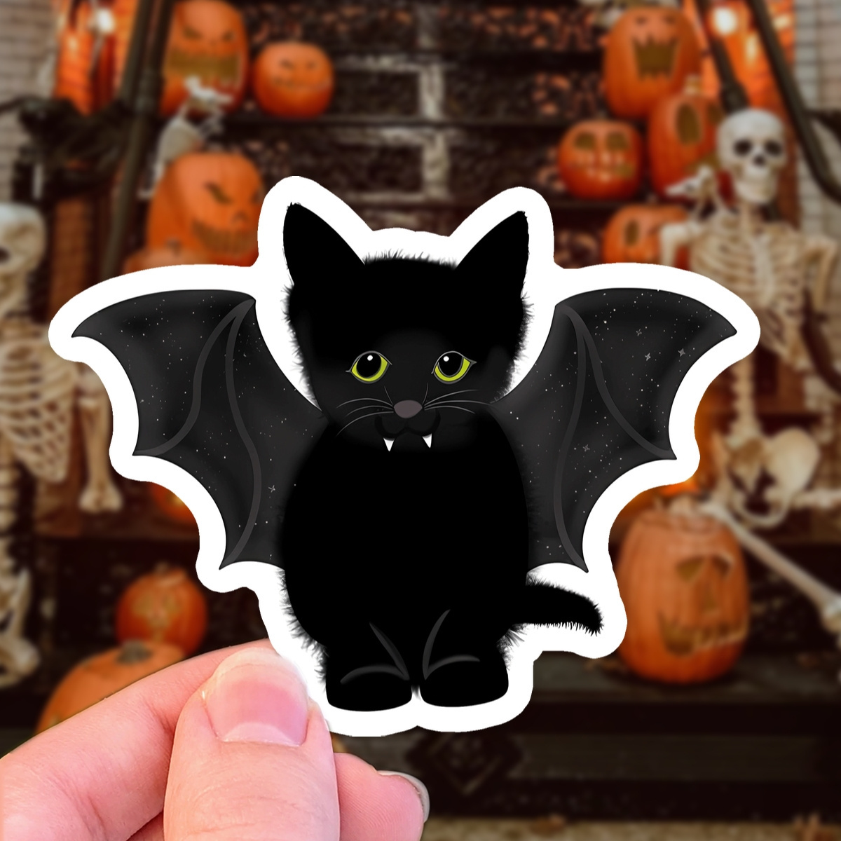 

1pc Waterproof Halloween Bat Black Cat Sticker, Glossy Cute Decorative Sticker, Suitable For Car, Laptop, Motorcycle, Wall, Synthetic Paper, Irregular Shape, Disposable - Ideal Gift