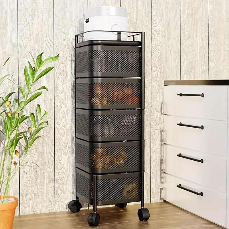 

4/5-tier Rolling Kitchen Storage Cart, Large Metal Wire Shelves, Ideal For Fruits, Vegetables, Living Room, Office, Black, Pull-out Shelves, Metal Material