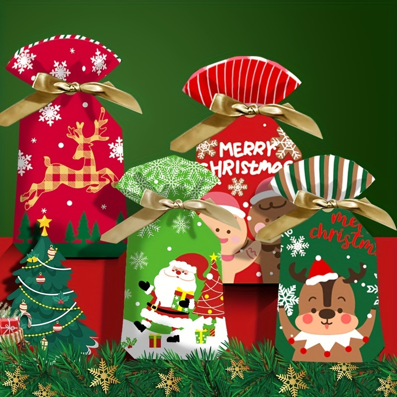 

50pcs Christmas Pvc Gift Bags With Ribbon Ties - Assorted For Candy, Cookies & Gifts