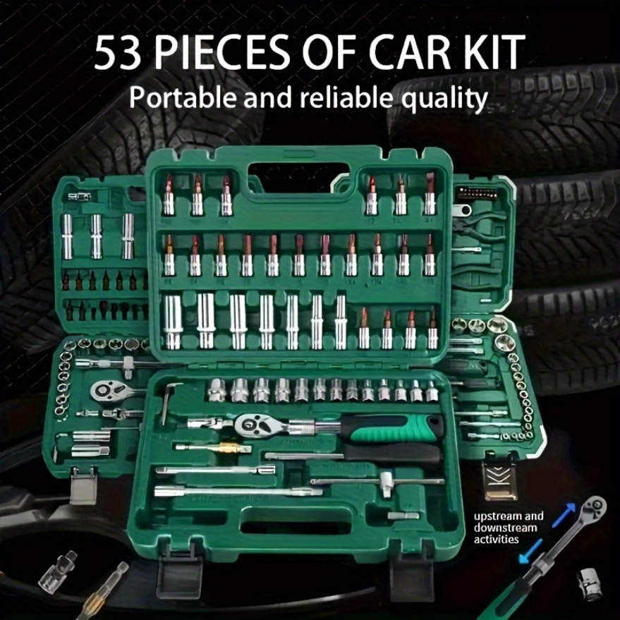 

53pcs Mechanic's Tool Kit - Steel, Auto & Bike Repair Set With 1/2", 1/4", 3/8" Drive Sockets, Ratchet Wrench, Screwdriver - Complete Home And Garage