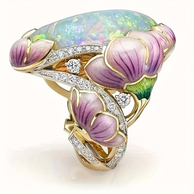TEMU Elegant Floral Ring With White Artificial Flowers, Golden-tone Metal & Artificial Crystal Accents - Perfect Birthday Gift For Women, Fashion