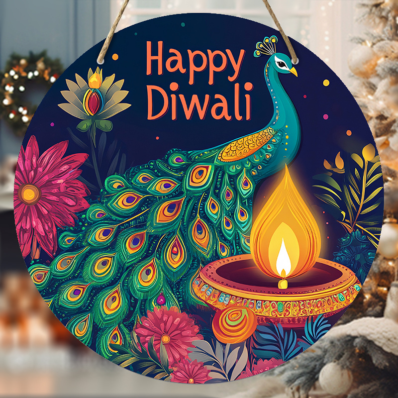 

Happy Diwali Peacock Wooden Sign - Round Festive Wall Decor For Yard & Door, Ornament