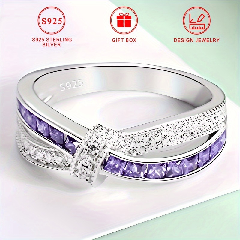 

925 Sterling Silver Colorful Sparkling Ring With Bow Inlaid With Purple For Women, Daily Party, Holiday Gift Jewelry With Gift Box