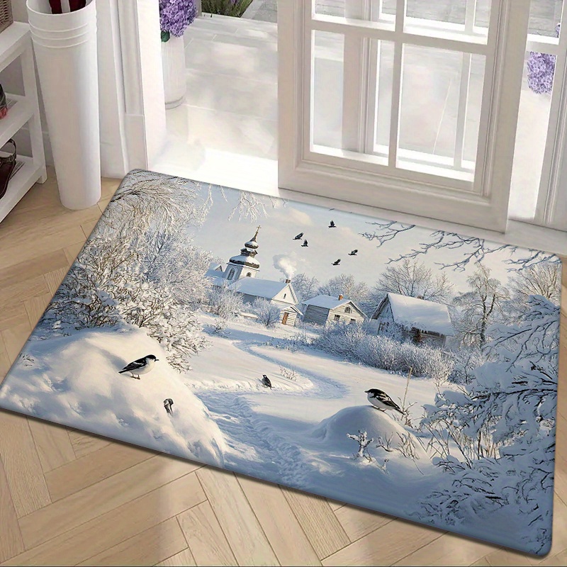 

Christmas Winter Scene Doormat - Polyester Non-slip Washable Door Mat, Low Pile, Machine Made, Fade Resistant, Flat Woven For Entryway, Kitchen, Living Room, Bedroom, Bathroom Home Decor (1pc)