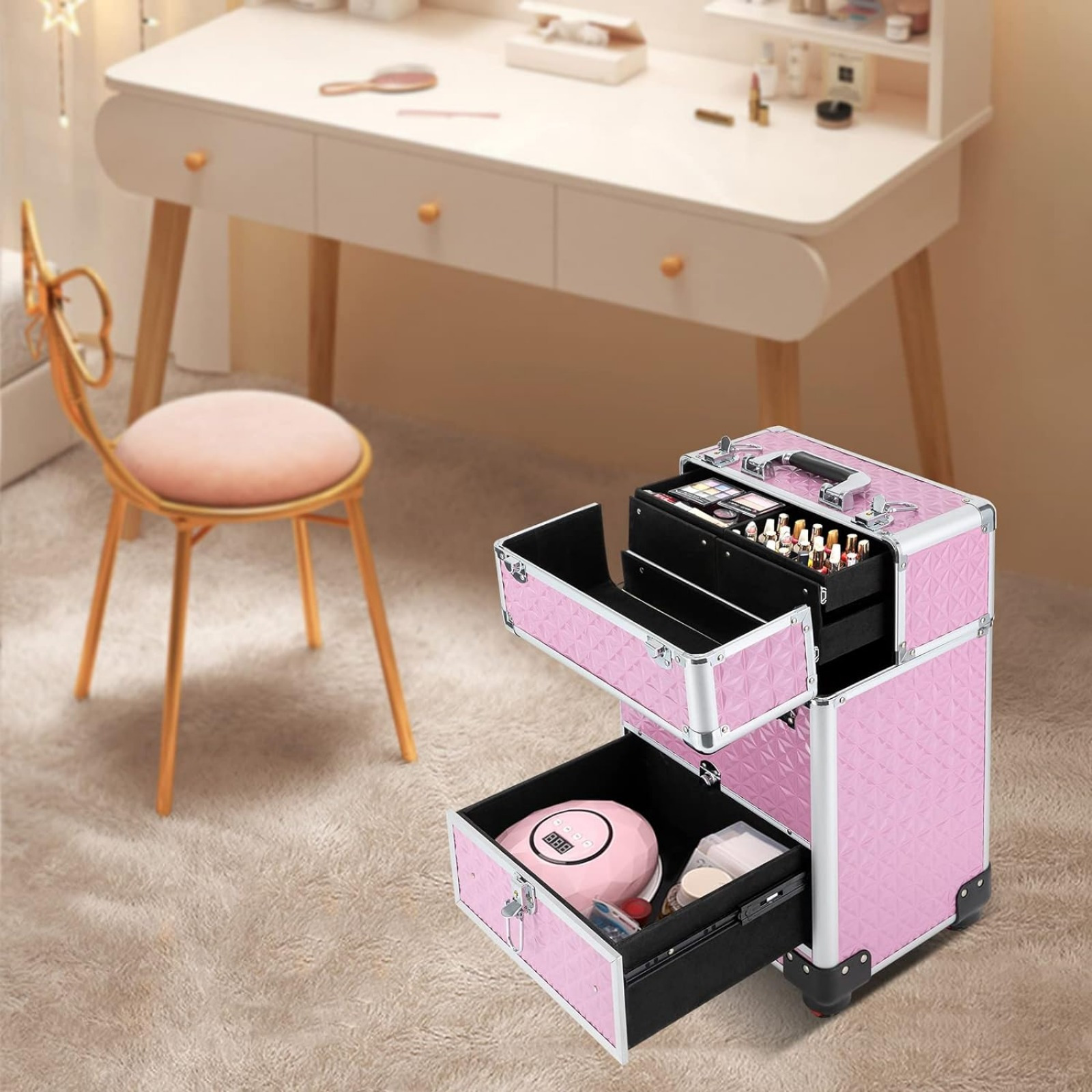 

13.4*9.8*18.5inch Rolling Nail Case Wheeled Manicure Storage Case Polish Organizer 44.09lbs Professional Makeup Trolley For Studio Or Travelling Nail Technician Artists Stylist