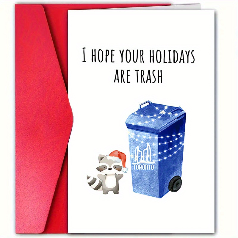 

1pc Humorous Christmas Greeting Card With Envelope, Paper, "i Hope Your Holidays Are Trash" With Raccoon & Toronto Bin, Holiday Card For Anyone