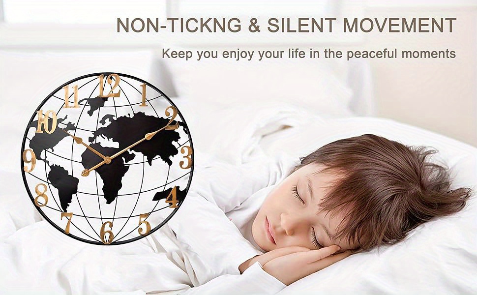 large world map wall clock metal minimalist modern clock round silent non ticking battery operated wall clocks for living room home kitchen bedroom office farmhouse decor 24 inch details 3