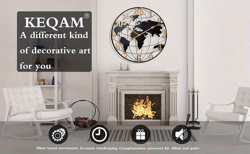 large world map wall clock metal minimalist modern clock round silent non ticking battery operated wall clocks for living room home kitchen bedroom office farmhouse decor 24 inch details 1