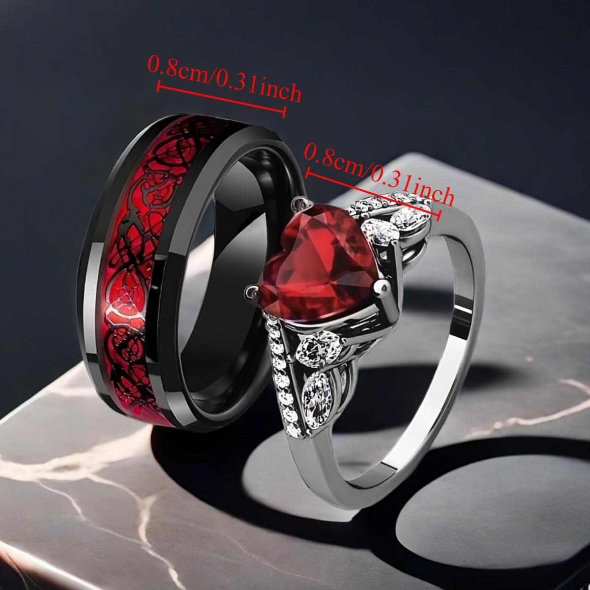 2pcs Fashion Creative Wo*'s Alloy Red Heart Couple Rings *'* Steel Ring  Romantic Engage*t Wedding Valentine's Day Je