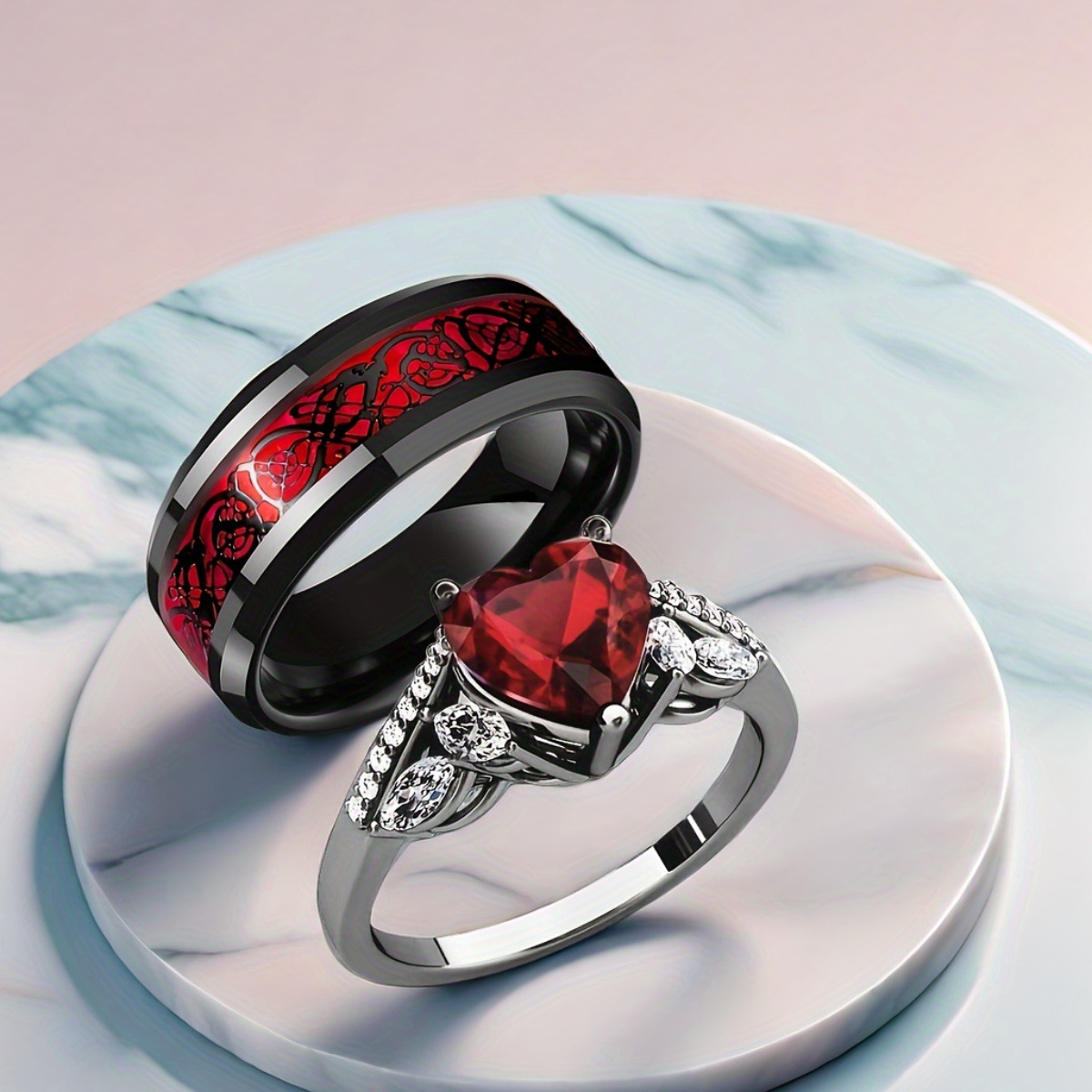 2pcs Fashion Creative Wo*'s Alloy Red Heart Couple Rings *'* Steel Ring  Romantic Engage*t Wedding Valentine's Day Je