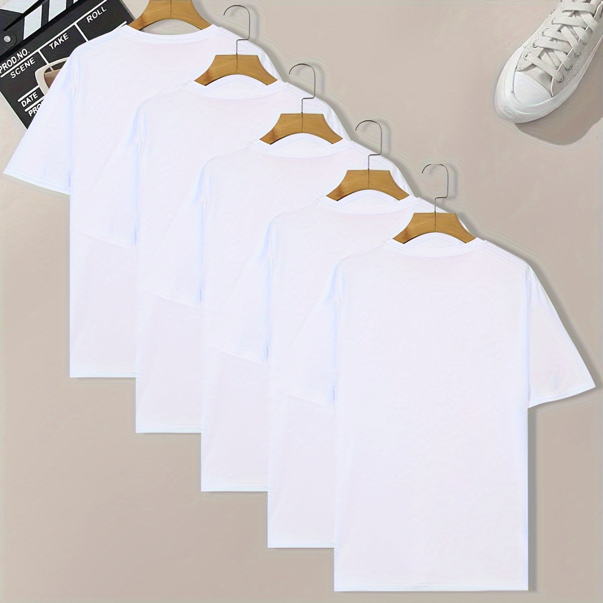 

5pcs Men's Casual Solid Color T-shirts - Crew Neck, Short Sleeve, Stretch Fabric, Spring/summer