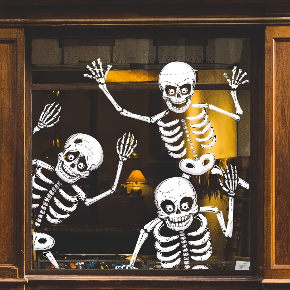 Image of Set Of 4 Halloween Skeleton Window Decals - Removable Stickers For Glass Surfaces, Spooky Pvc Static Cling Stickers Suitable For Windows And Walls, Ideal For Haunted House Events And Home Decorations