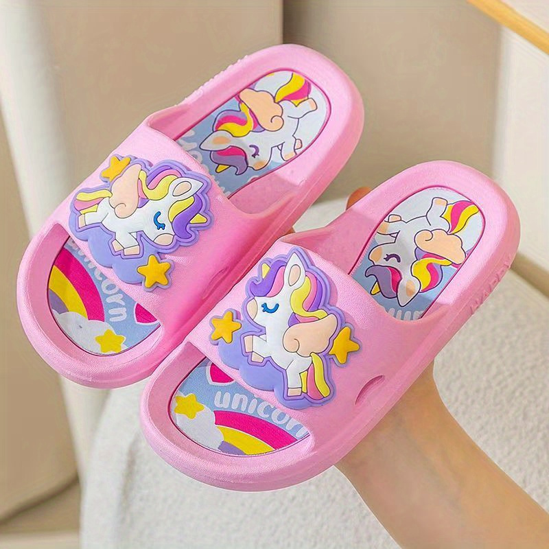 TEMU Girls' Unicorn Cartoon Slippers - Pvc Non-slip Indoor Summer Slide Sandals For Infant, Toddler, And Girls Under 14, Cute Soft Sole Slip-on House Shoes