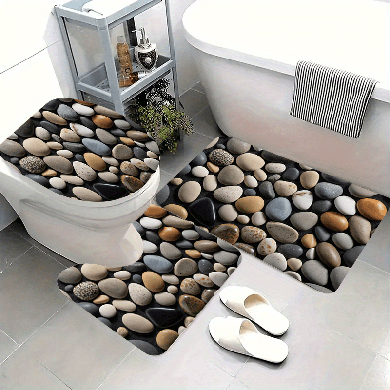 TEMU Conjunto de de Franela para Baño con Diseño de Playa, Río y Piedras, Alfombra Antideslizante Absorbente para Baño, Cubierta de Inodoro, Alfombra