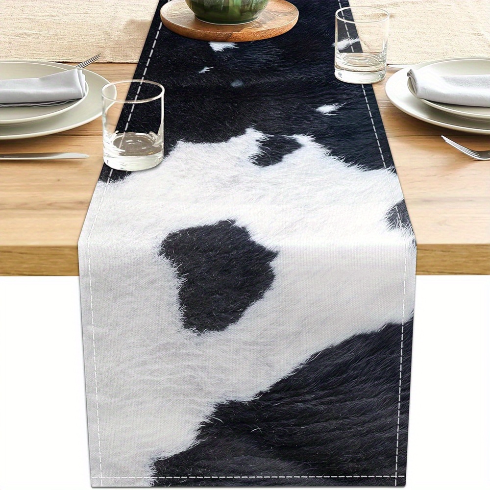 

Rustic Farmhouse Table Runner - Cowhide Print, Woven Polyester, Rectangle Dining Decor 13x72 Inches For Kitchen, Seasonal , Home Renovation