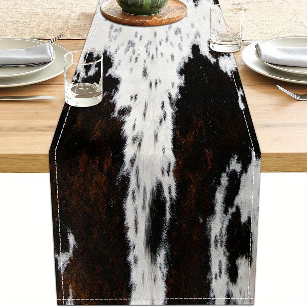 

Cow Print Table Runner - Farmhouse Western Style Faux Cowhide Tablecloth For Dining Decor - Woven Polyester, Rectangular, Indoor Kitchen And Dining Room Enhancement - 13"x72