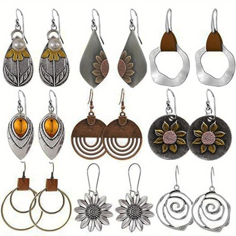 

9 Pairs Of Vintage Vintage Sunflower Geometric Round Earrings Wooden Leather Earrings Christmas Earrings For Women