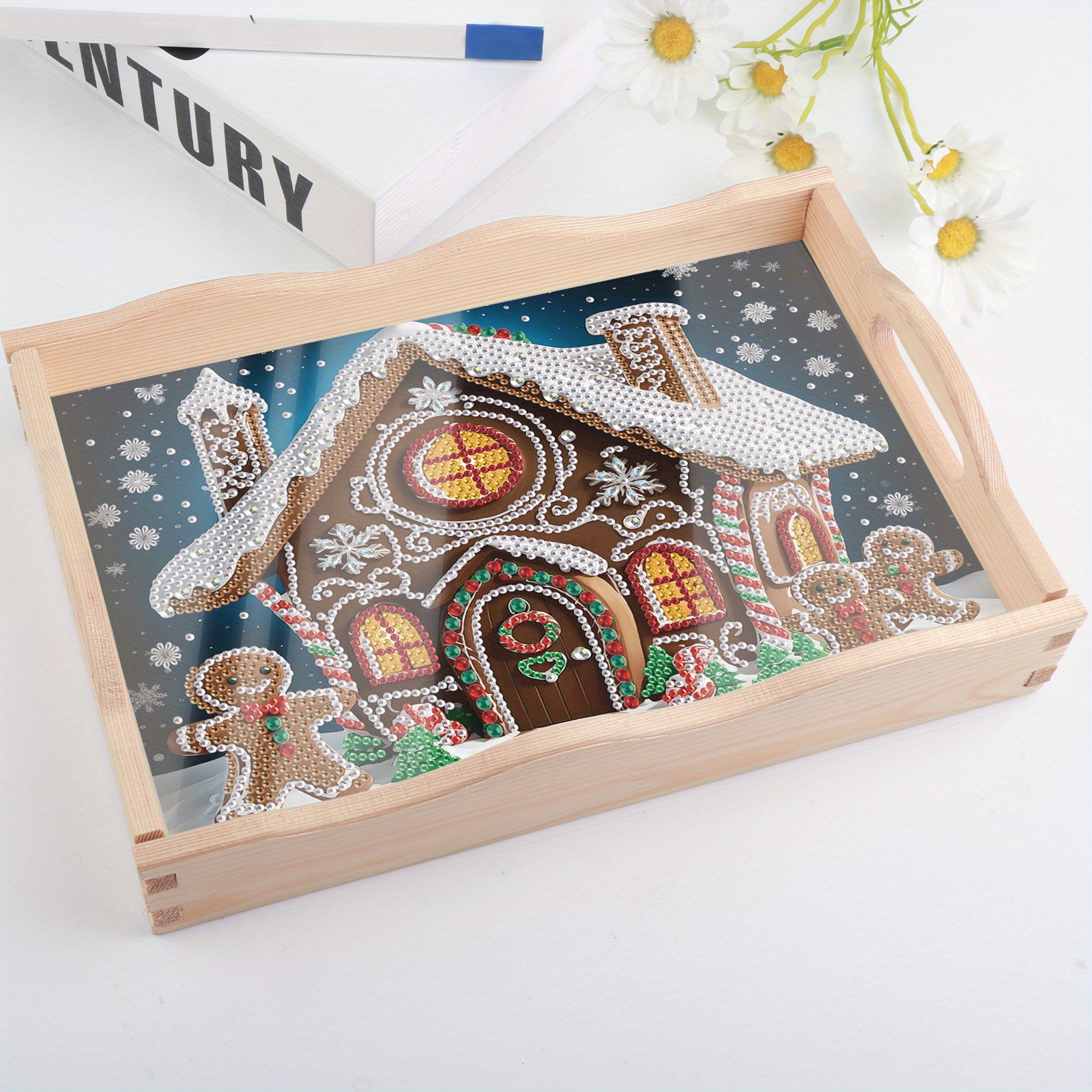 

Christmas Diamond Art Tray Kit With Handle - Diy Handmade Wooden Mosaic Craft, Design, Irregular Shaped Diamonds, Home Organizer For Coffee & Living Room
