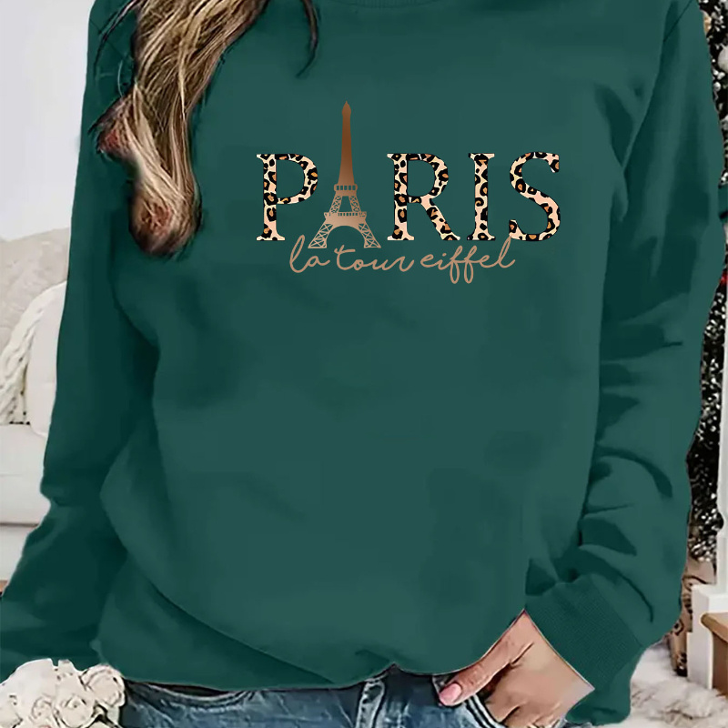 

Paris Eiffel Tower Letter Print Fashion Casual Sweatshirt For Women, Crew Neck Pullover, 100% Polyester Knit Fabric, Slight Stretch, All-season Comfort - Chic Graphic Sweater