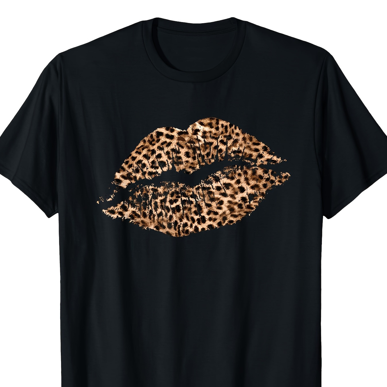 

Men's Crew Neck T-shirt, Leopard Print Lips Spotted Big Lips T-shirt, Men's T-shirt