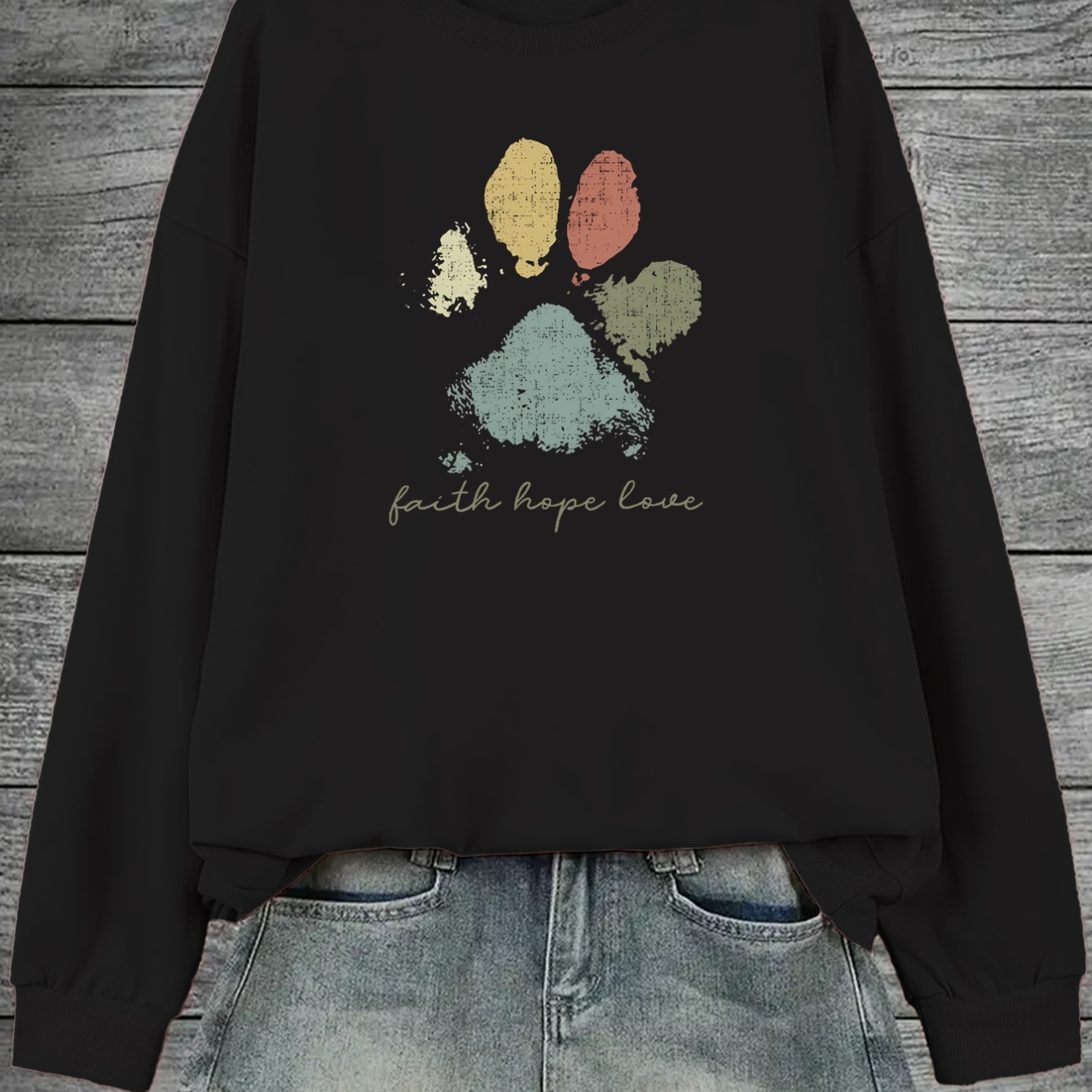 

Sweat-shirt "Foi Espérance Amour" avec empreinte de patte - Femme Adulte Décontracté, Tricoté, Col en V, Manches Longues, Polyester, Microfibre, Toutes Saisons, Couleur Unie