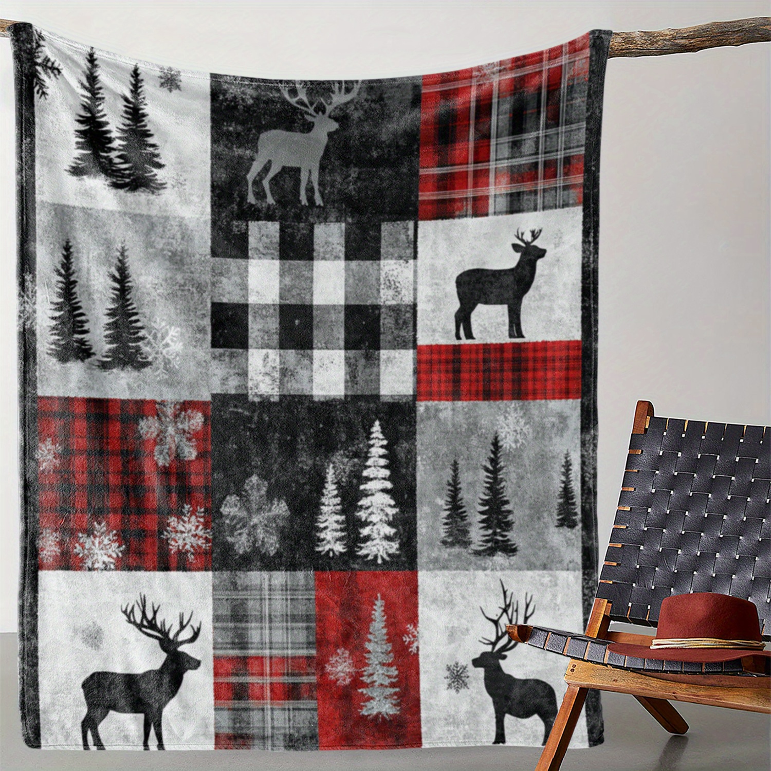 

Cozy Flannel Christmas Blanket With Elk & Cedar Design - Soft, Warm Throw For Sofa, Bed, Car, Office, Camping - Gift