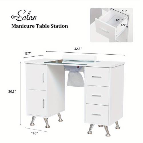 manicure table nail desk for nail tech w glass top wrist salon nail supplies decor workstation resistant w 2 side cabinet 3 drawers white