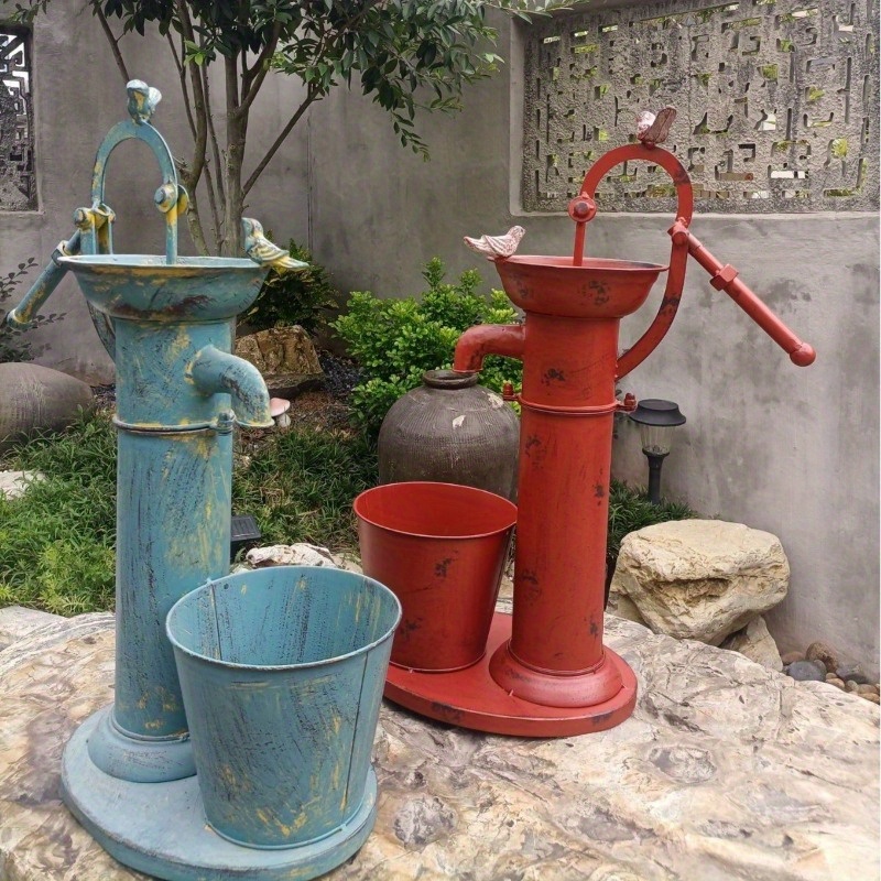 * Wasser-Pumpe Blumentopf Wasser-Pumpe im Pastoralen Stil Retro  Alterungsblau und Rot Außengartendekorationen