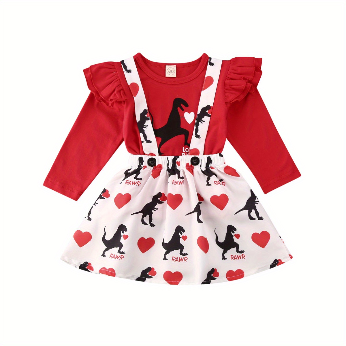 

Girls Valentineacute;s Day Printed 2pcs Suit, Long Fly Sleeve T-shirt Top With Suspenders Skirt, Lovely Set For Spring And Autumn, For Outdoor