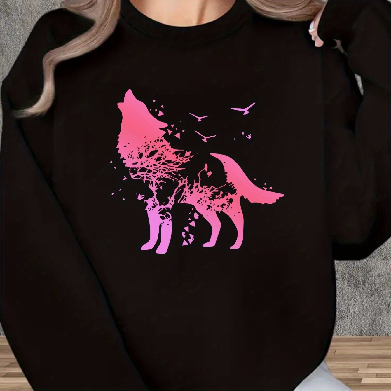 

Wolf Print Adult Sweatshirt - Polyester Knit Fabric, Round Neck, Casual Thickened Pullover Hoodie With Alphabet Pattern, All-season Wear