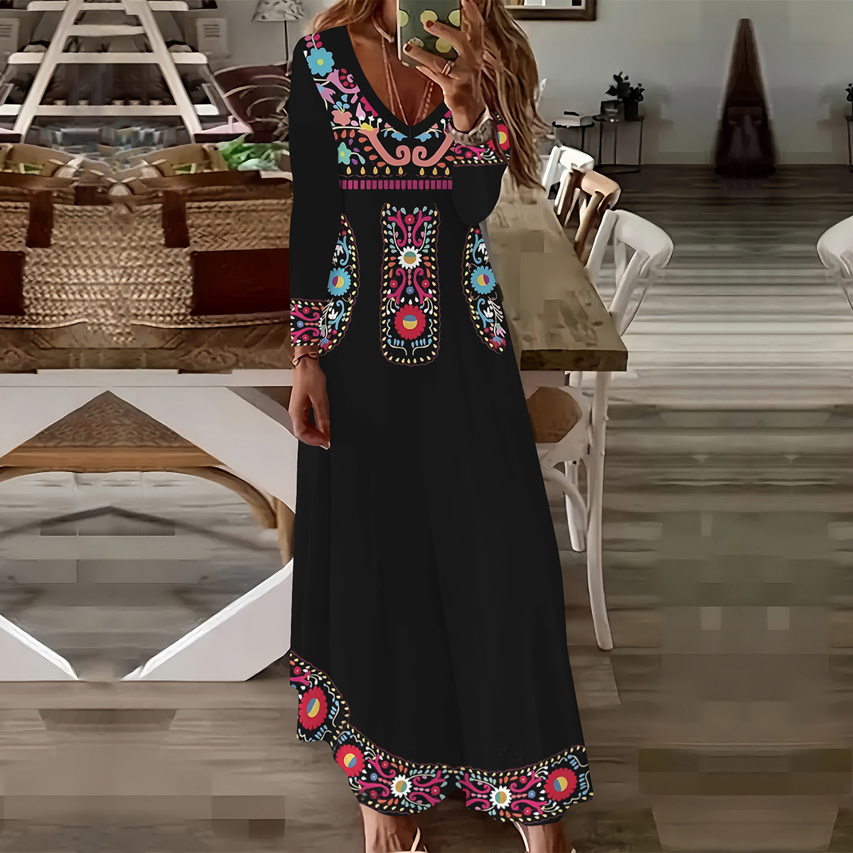 

Size V-neck Long Sleeve Fit And Flare Maxi Dress With Bohemian Print - Knit Polyester With Stretch, Fall/winter Collection