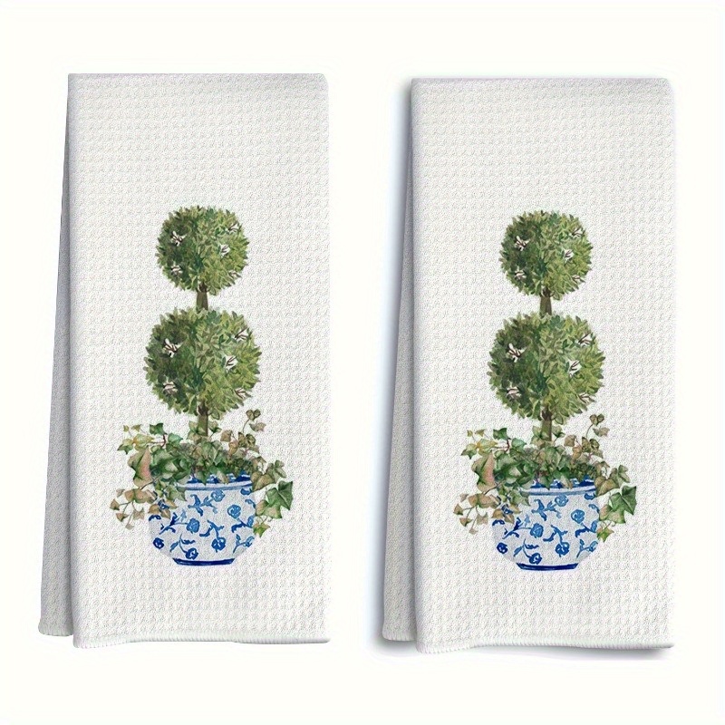 

2pcs Waffle Weave Kitchen Towels - Vintage Porcelain With Watercolor Green Topiary Design, Drying Dishes & Tea, Machine Washable, 18x26 Inches