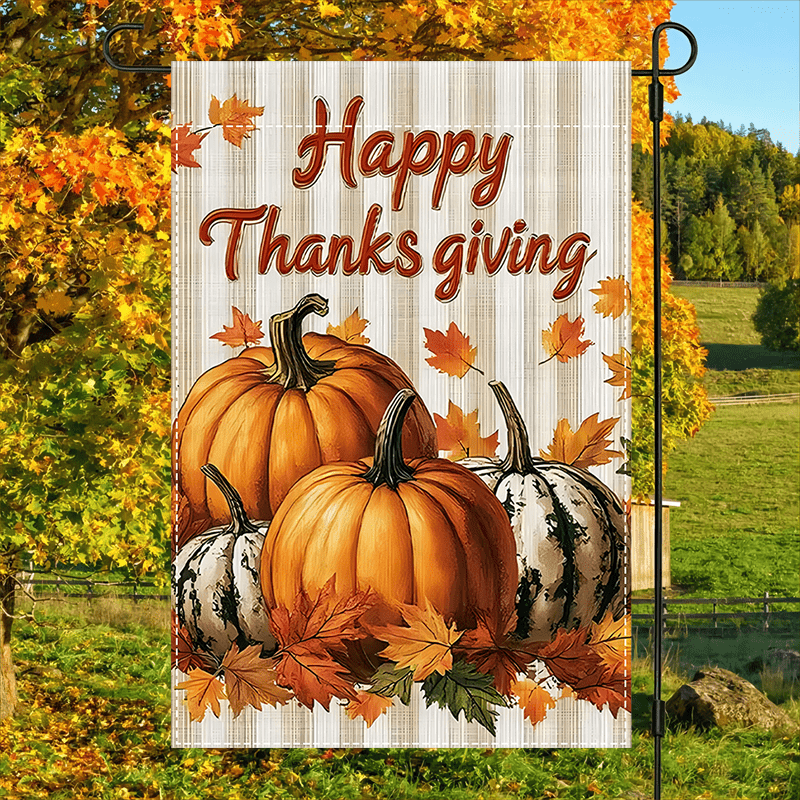 

Happy Thanksgiving Polyester Garden Flag - 1pc Double-sided Waterproof Fall Pumpkin & Maple Leaves Outdoor Decor For Yard, Multipurpose, No Electricity Needed, 12x18 Inches