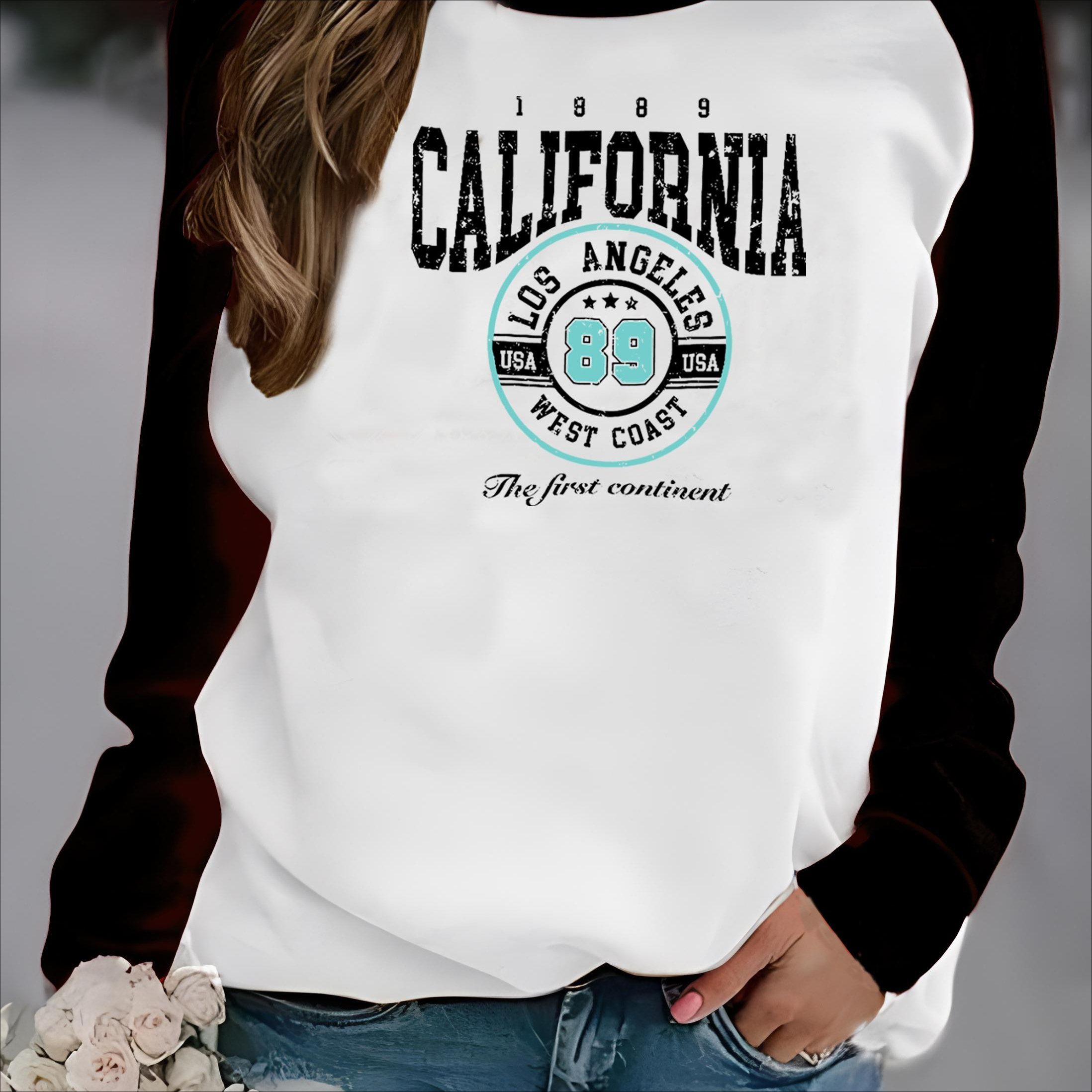 

California Graphic Print Raglan Sleeve Sweatshirt - Casual Crew Neck Long Sleeve Cotton Blend Pullover With Color Block Design For Women - Spring/summer/fall, Cotton65% Polyester30% Spandex5%