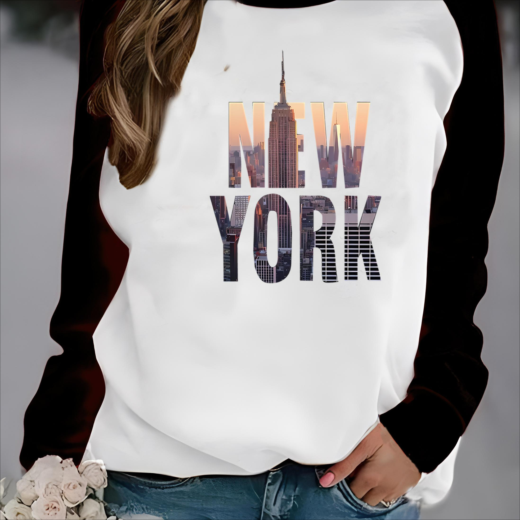 

Women's New York Graphic Print Raglan Long Sleeve Sweatshirt - Casual Crew Neck Color Block Knit Top With Cotton Blend Fabric For Spring/summer/fall