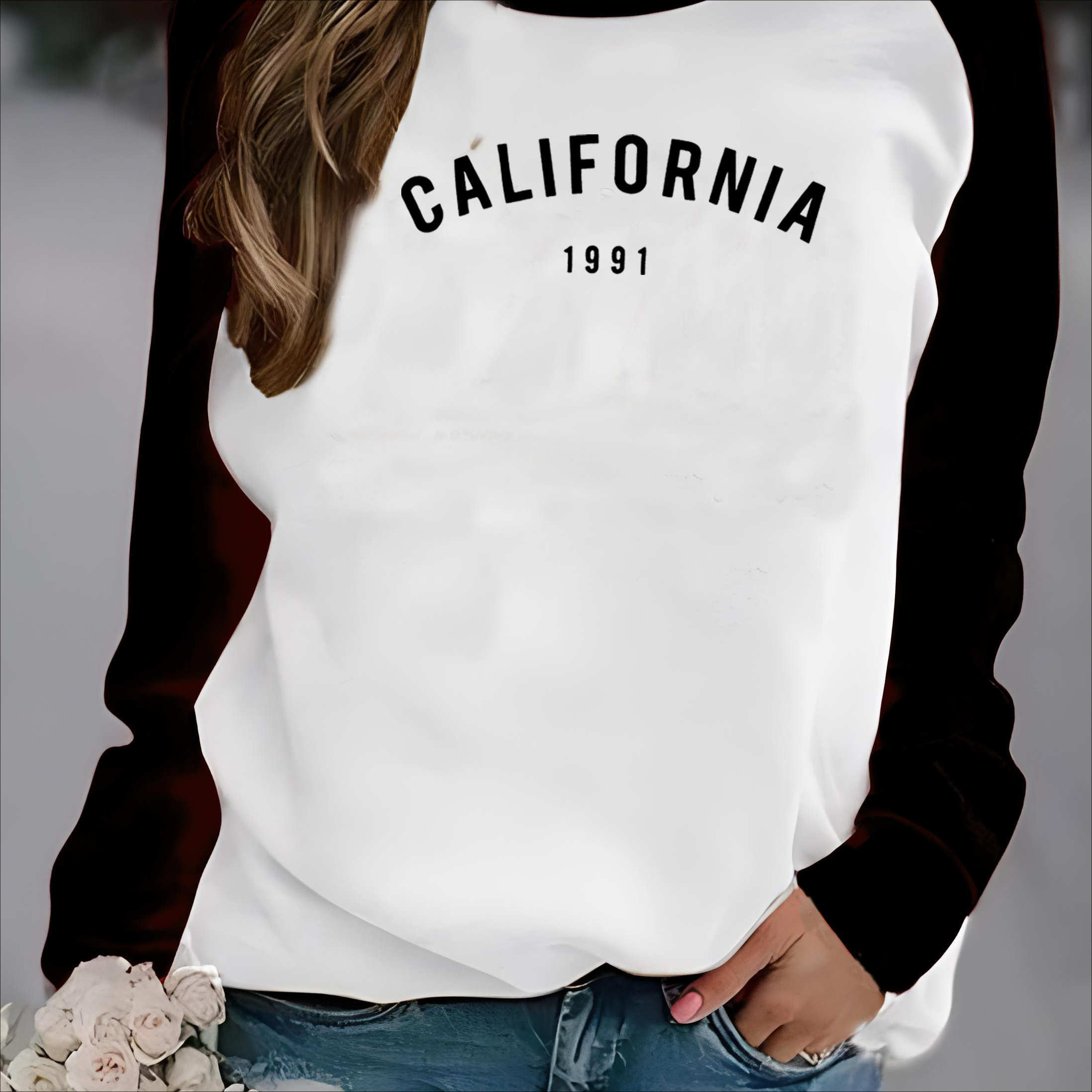 

Women's Casual Crew Neck Sweatshirt With Color Block & Letter Print - Long Sleeve, Cotton Blend, Machine Washable - Perfect For Spring/fall