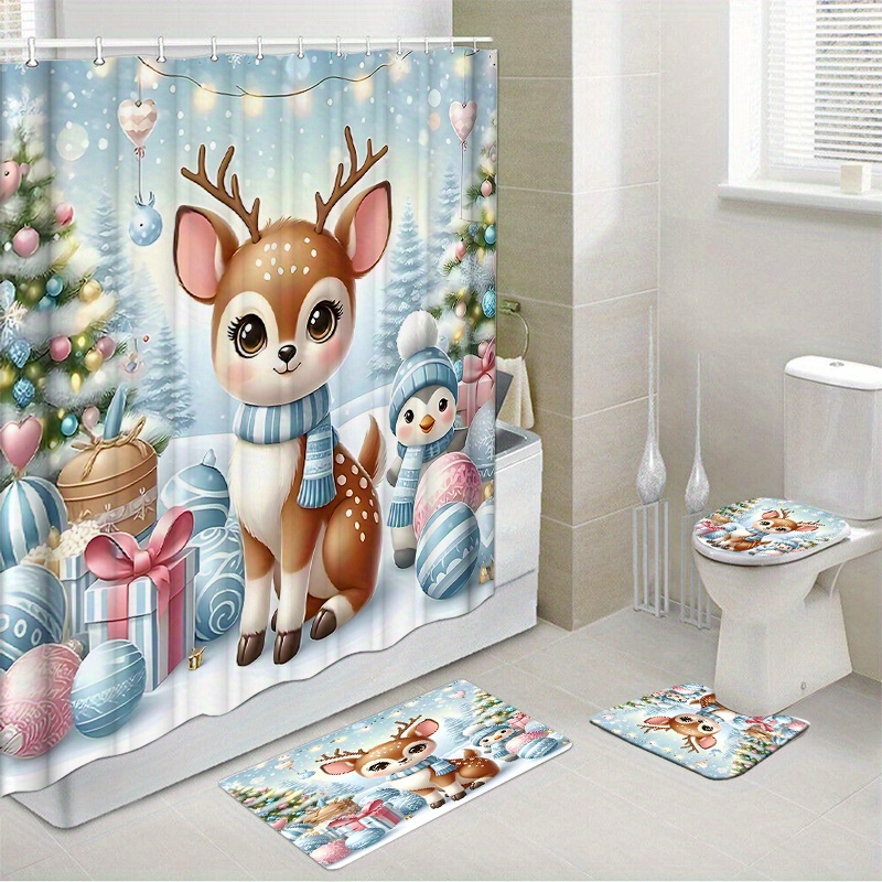 

Christmas Deer Shower Curtain Set With 12 Hooks, Waterproof Polyester Bath Mat & Toilet Seat Cover, Fashion Woven Bathroom Accessories, Only - 1pc/4pcs