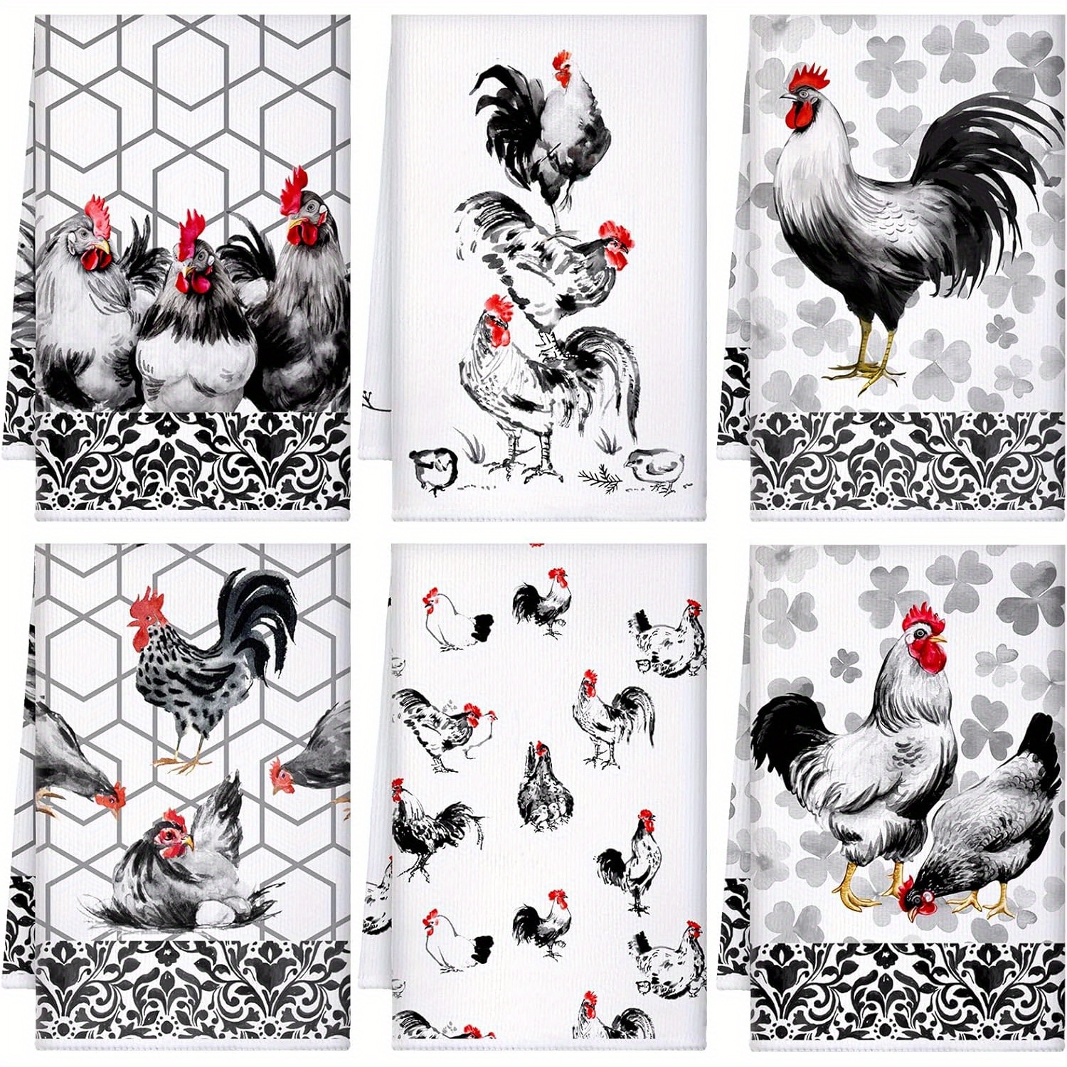 

6-pack Modern Towels With Chicken And Rooster Cartoon Design, Super Soft Polyester Dish Cloths, Machine Washable, Woven Oblong Towels For Kitchen And Bathroom Decor, 18x26 Inches