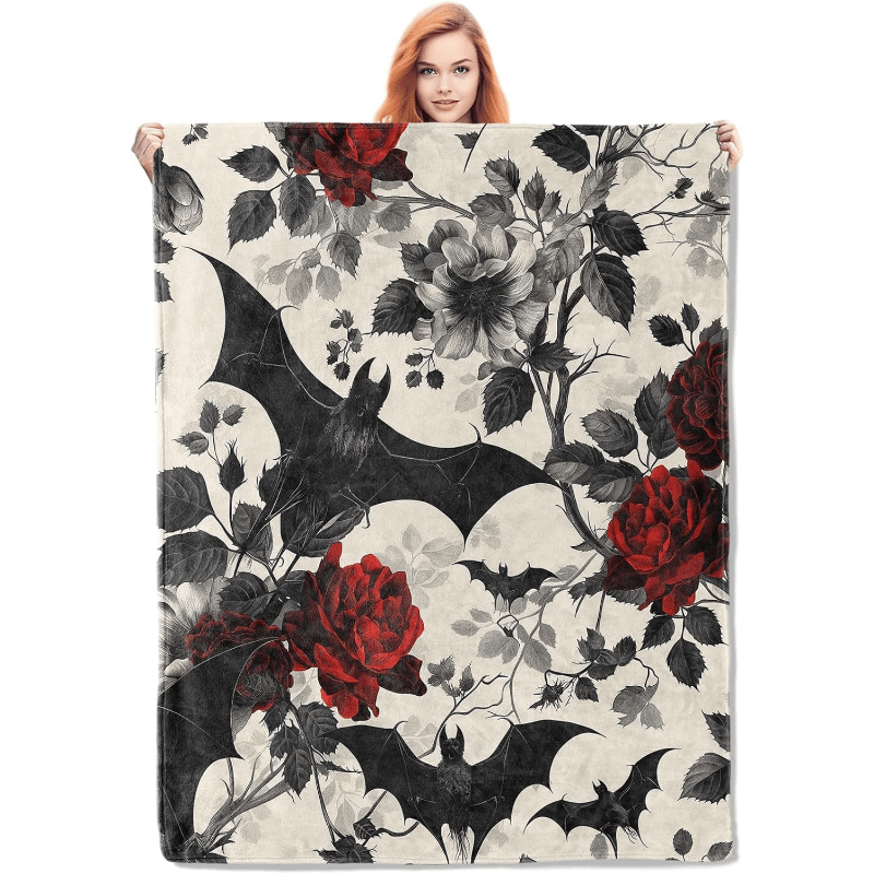 

Gothic Blanket, Floral And Bat Flannel Throw Blankets, Soft Warm Lightweight Cozy Plush Goth Throws For Bedroom Sofa Home Decor Gifts For Women Girls