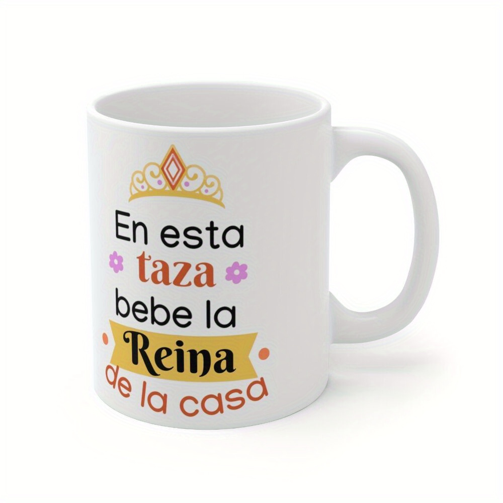 TEMU 11oz White Ceramic Mug With Spanish Letter Print & - Insulating Coffee Tea Cup, Hand Wash Only, Everyday Use Or Day New Year Gift, Coffee Mug